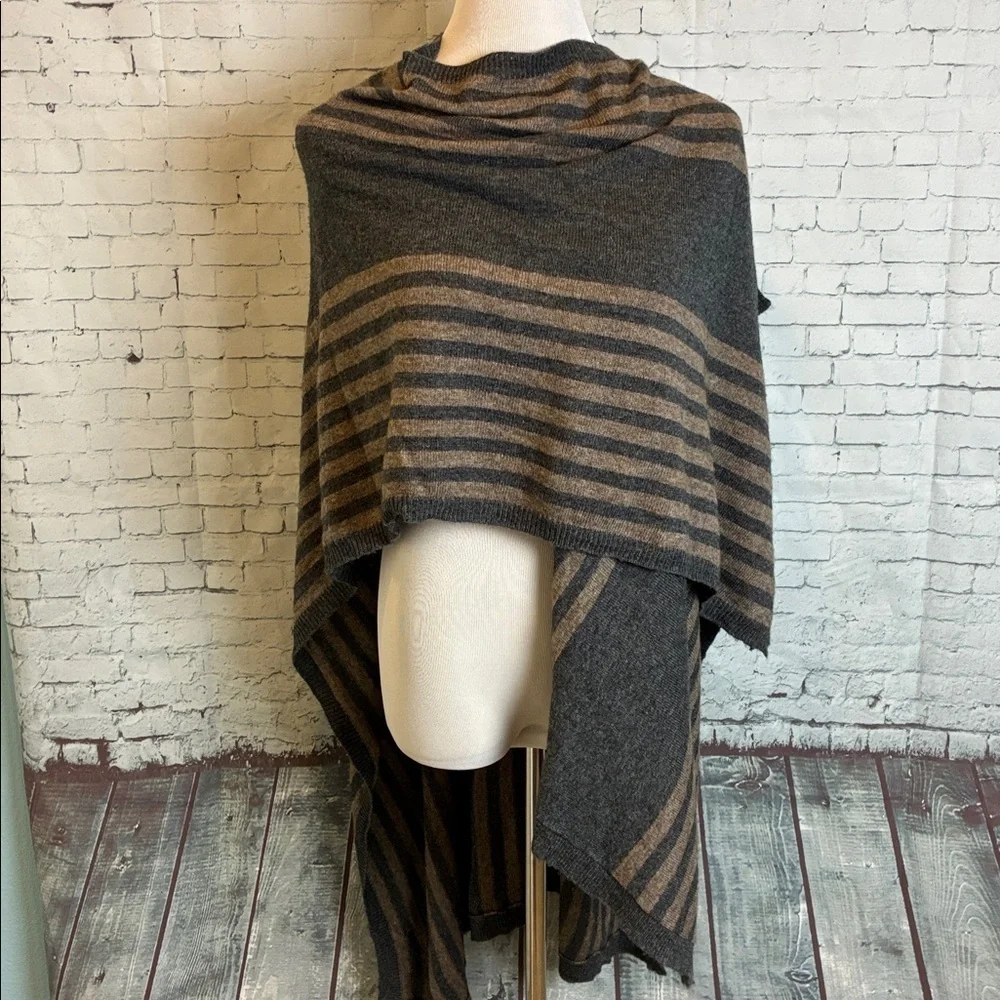 Cashmere Poncho Cape Scarf Gray Tan Stripe Boho Western 100% Cashmere Handmade - Picture 6 of 16